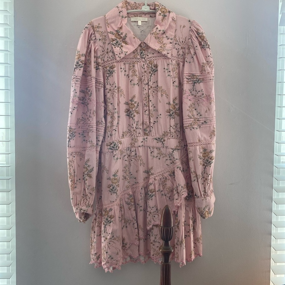 LoveShackFancy collared floral dress with a scalloped hem